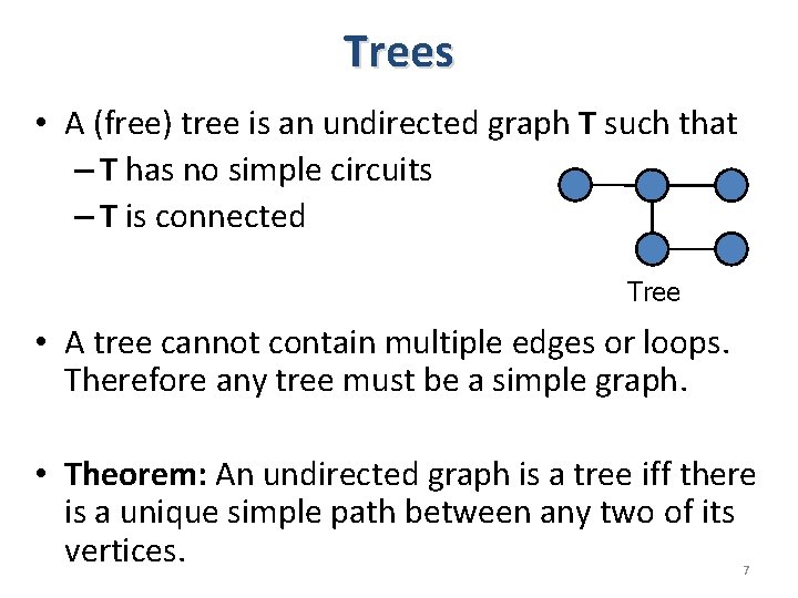 Trees • A (free) tree is an undirected graph T such that – T Trees • A (free) tree is an undirected graph T such that – T