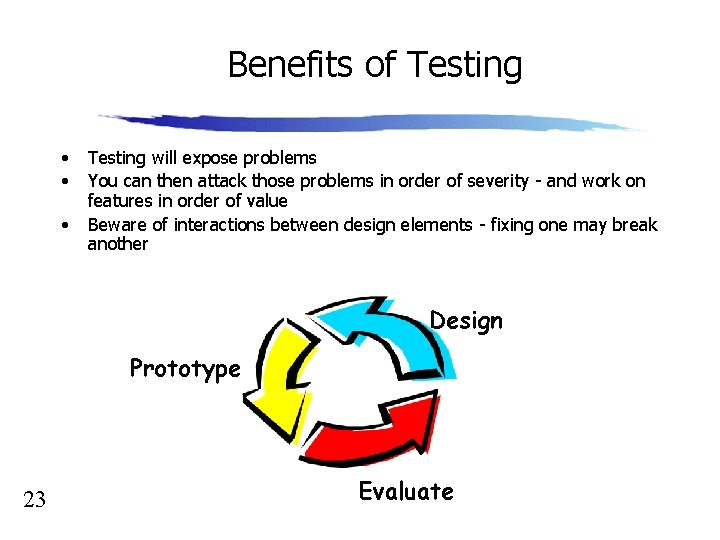 Benefits of Testing • • • Testing will expose problems You can then attack