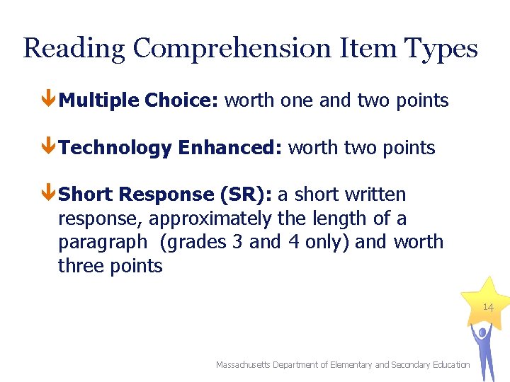 Reading Comprehension Item Types Multiple Choice: worth one and two points Technology Enhanced: worth