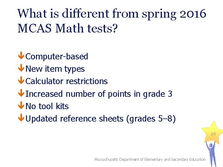 What is different from spring 2016 MCAS Math tests? Computer-based New item types Calculator