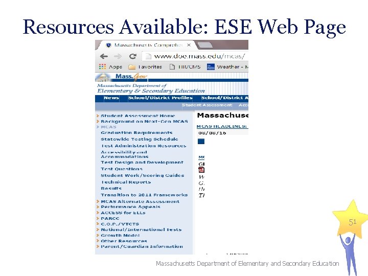 Resources Available: ESE Web Page 51 Massachusetts Department of Elementary and Secondary Education 