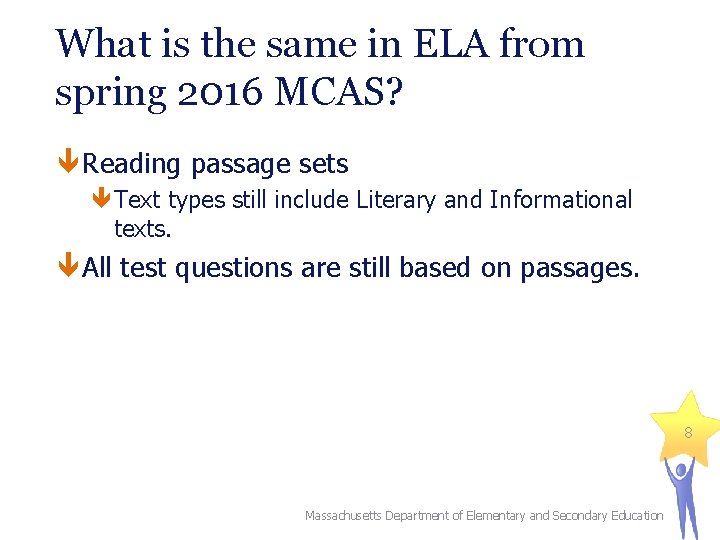What is the same in ELA from spring 2016 MCAS? Reading passage sets Text
