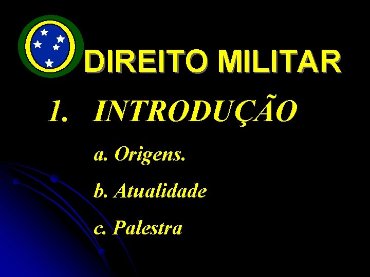 DIREITO MILITAR 1. INTRODUÇÃO a. Origens. b. Atualidade c. Palestra 