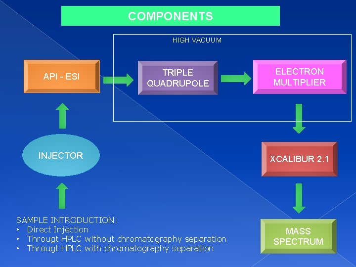 COMPONENTS HIGH VACUUM API - ESI TRIPLE QUADRUPOLE INJECTOR SAMPLE INTRODUCTION: • Direct Injection