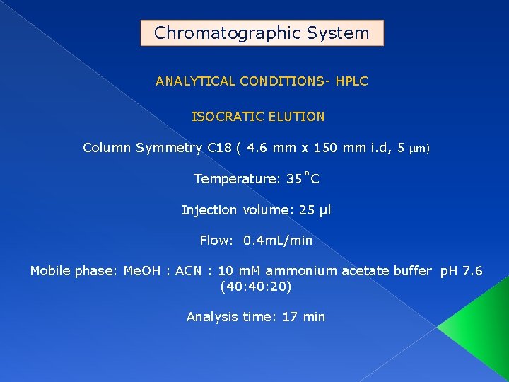 Chromatographic System ANALYTICAL CONDITIONS- HPLC ISOCRATIC ELUTION Column Symmetry C 18 ( 4. 6