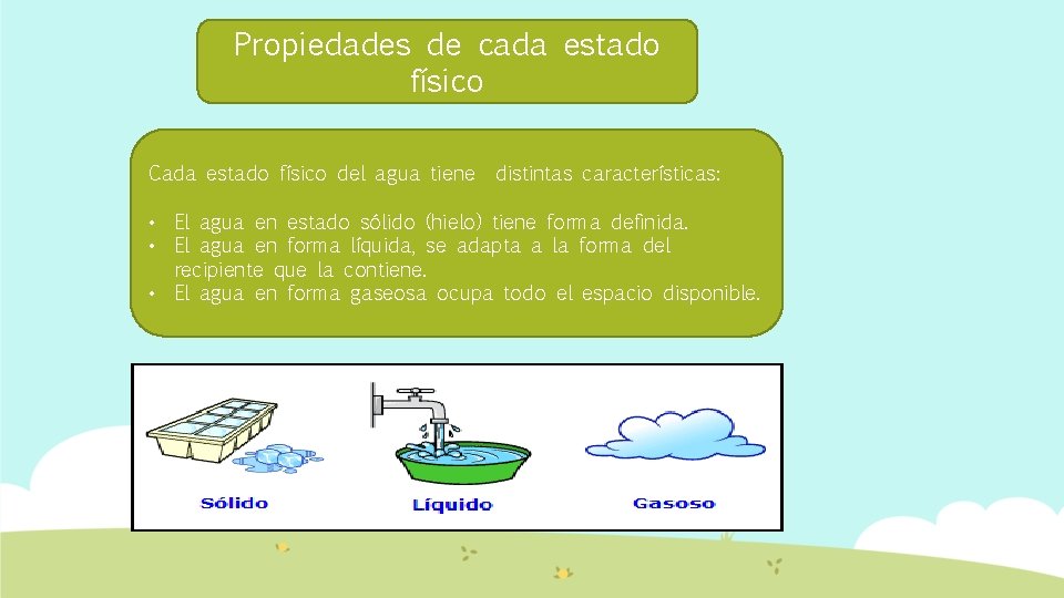 Propiedades de cada estado físico Cada estado físico del agua tiene distintas características: •