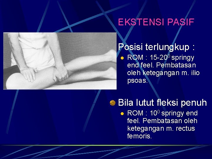 EKSTENSI PASIF Posisi terlungkup : l ROM : 15 -200 springy end feel. Pembatasan EKSTENSI PASIF Posisi terlungkup : l ROM : 15 -200 springy end feel. Pembatasan