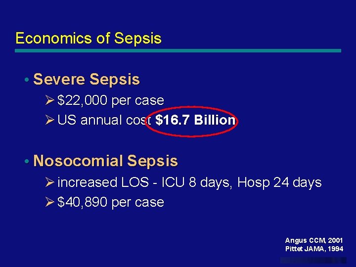 Economics of Sepsis • Severe Sepsis Ø $22, 000 per case Ø US annual