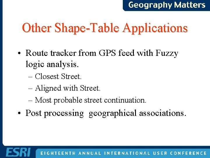 Other Shape-Table Applications • Route tracker from GPS feed with Fuzzy logic analysis. – Other Shape-Table Applications • Route tracker from GPS feed with Fuzzy logic analysis. –