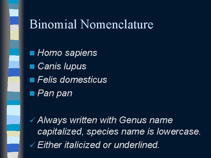 Binomial Nomenclature n Homo sapiens n Canis lupus n Felis domesticus n Pan pan