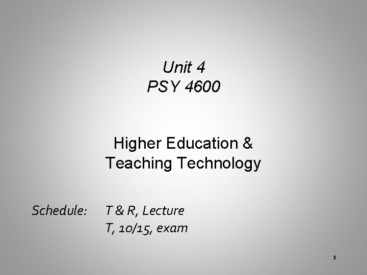 Unit 4 PSY 4600 Higher Education & Teaching Technology Schedule: T & R, Lecture