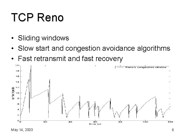 TCP Reno • Sliding windows • Slow start and congestion avoidance algorithms • Fast