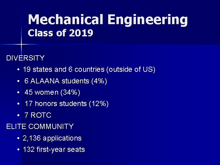 Mechanical Engineering Class of 2019 DIVERSITY • 19 states and 6 countries (outside of