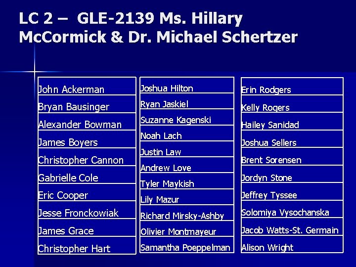 LC 2 – GLE-2139 Ms. Hillary Mc. Cormick & Dr. Michael Schertzer John Ackerman