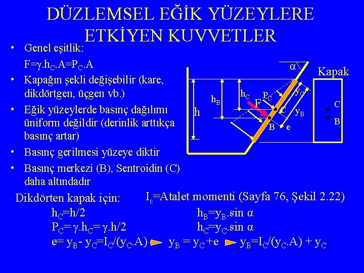 DÜZLEMSEL EĞİK YÜZEYLERE ETKİYEN KUVVETLER • Genel eşitlik: F=. h. C. A=PC. A •