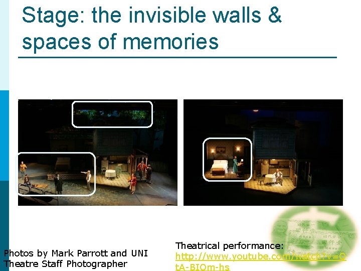 Stage: the invisible walls & spaces of memories Photos by Mark Parrott and UNI Stage: the invisible walls & spaces of memories Photos by Mark Parrott and UNI