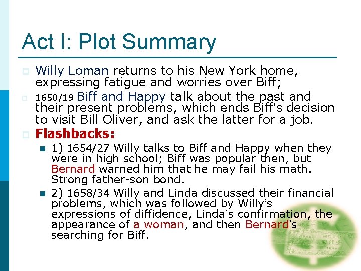 Act I: Plot Summary p p p Willy Loman returns to his New York Act I: Plot Summary p p p Willy Loman returns to his New York