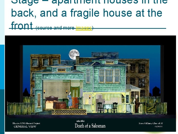 Stage – apartment houses in the back, and a fragile house at the front Stage – apartment houses in the back, and a fragile house at the front