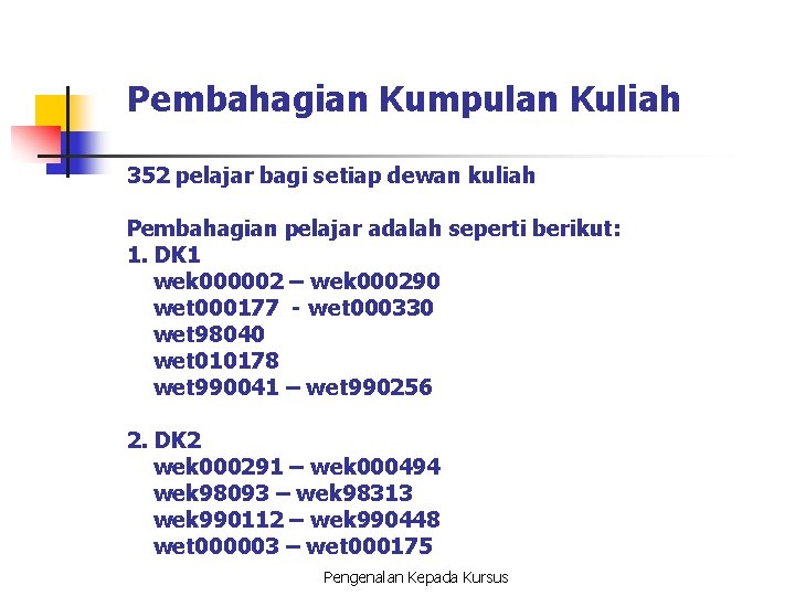 Pembahagian Kumpulan Kuliah 352 pelajar bagi setiap dewan kuliah Pembahagian pelajar adalah seperti berikut: