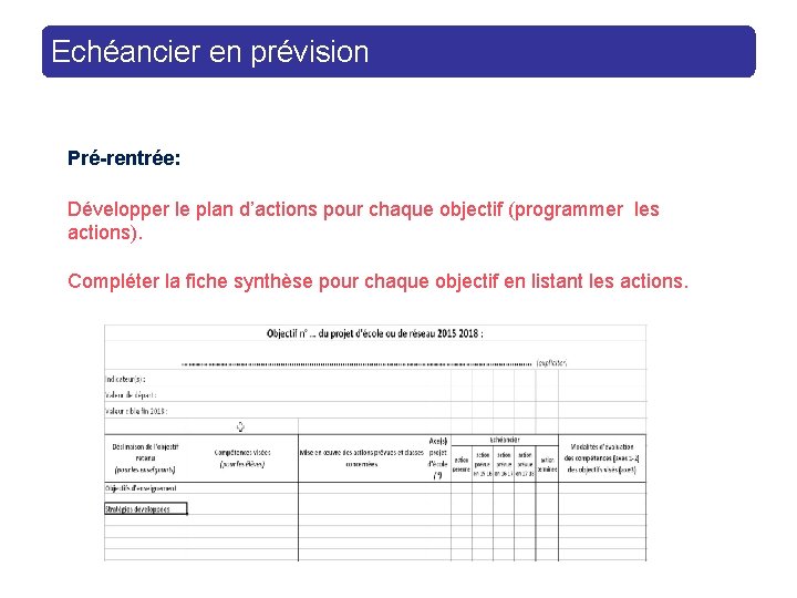 Echéancier en prévision Pré-rentrée: Développer le plan d’actions pour chaque objectif (programmer les actions).