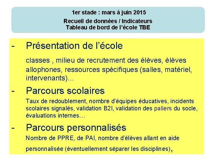 1 er stade : mars à juin 2015 Recueil de données / Indicateurs Tableau