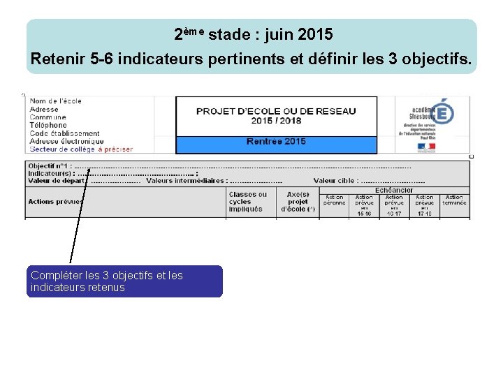 2ème stade : juin 2015 Retenir 5 -6 indicateurs pertinents et définir les 3