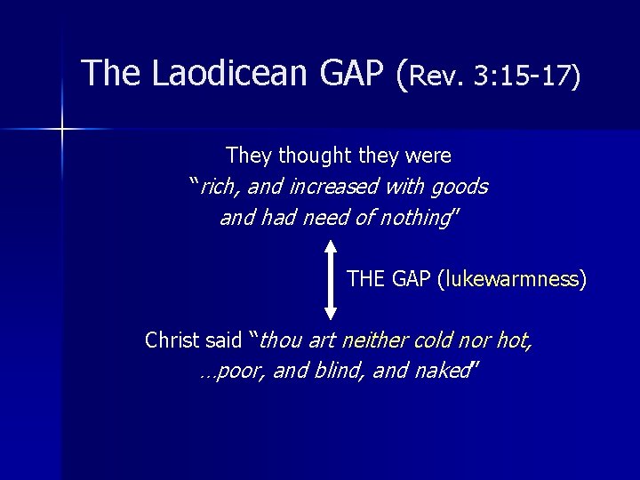 The Laodicean GAP (Rev. 3: 15 -17) They thought they were “rich, and increased