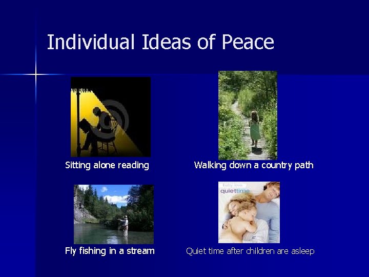 Individual Ideas of Peace Sitting alone reading Fly fishing in a stream Walking down