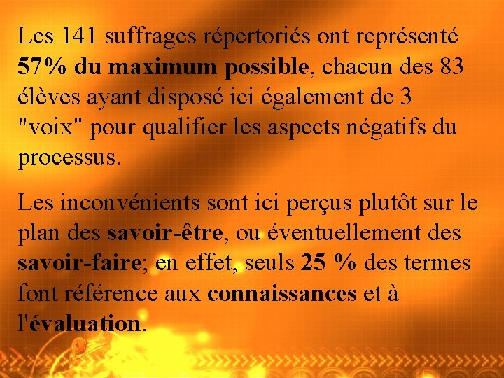 Les 141 suffrages répertoriés ont représenté 57% du maximum possible, chacun des 83 élèves