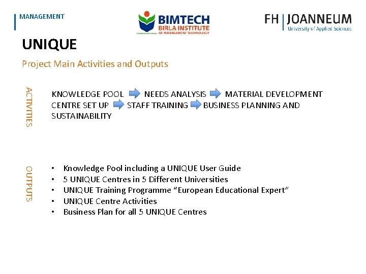 www. fh-joanneum. at MANAGEMENT UNIQUE Project Main Activities and Outputs ACTIVITIES KNOWLEDGE POOL NEEDS