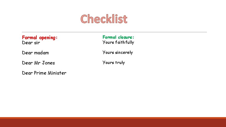 Checklist Formal opening: Dear sir Formal closure: Yours faithfully Dear madam Yours sincerely Dear