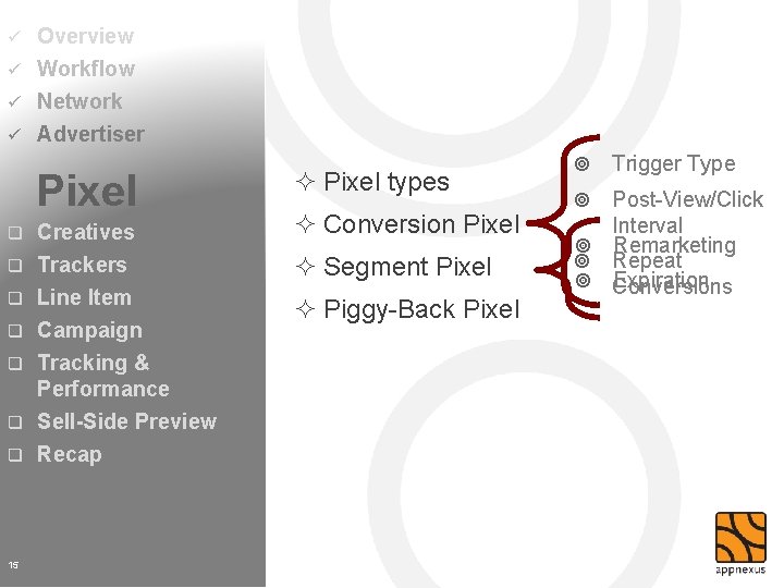 Overview ü Workflow ü Network ü Advertiser ü Pixel Creatives q Trackers q q