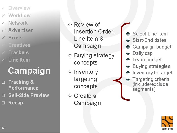 Overview ü Workflow ü ü ü ü Network Advertiser Pixels Creatives Trackers Line Item