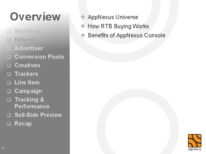 Overview Workflow q Network q q q q Advertiser Conversion Pixels Creatives Trackers Line