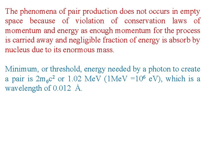 The phenomena of pair production does not occurs in empty space because of violation