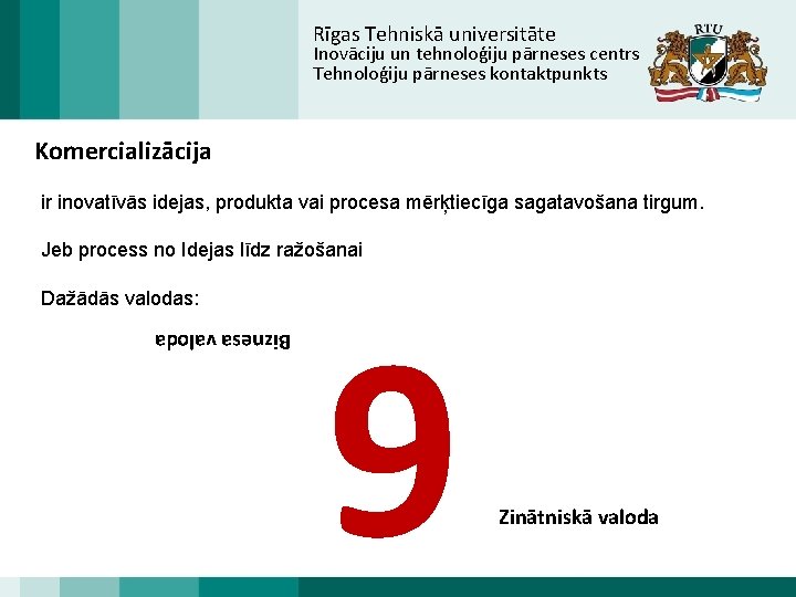 Rīgas Tehniskā universitāte Inovāciju un tehnoloģiju pārneses centrs Tehnoloģiju pārneses kontaktpunkts Komercializācija ir inovatīvās