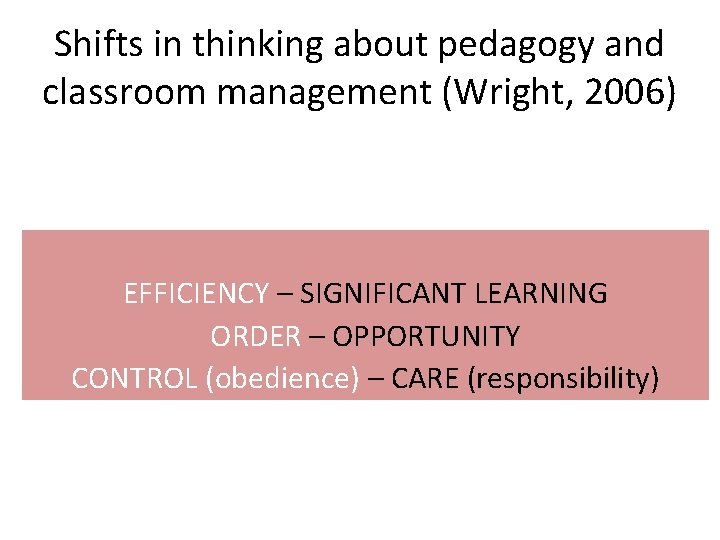 Shifts in thinking about pedagogy and classroom management (Wright, 2006) EFFICIENCY – SIGNIFICANT LEARNING