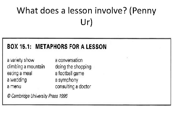 What does a lesson involve? (Penny Ur) 