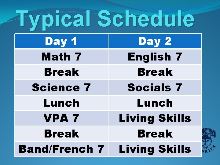 Typical Schedule Day 1 Math 7 Break Science 7 Lunch VPA 7 Break Band/French Typical Schedule Day 1 Math 7 Break Science 7 Lunch VPA 7 Break Band/French