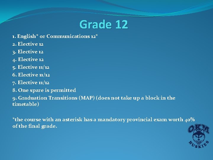 Grade 12 1. English* or Communications 12* 2. Elective 12 3. Elective 12 4. Grade 12 1. English* or Communications 12* 2. Elective 12 3. Elective 12 4.