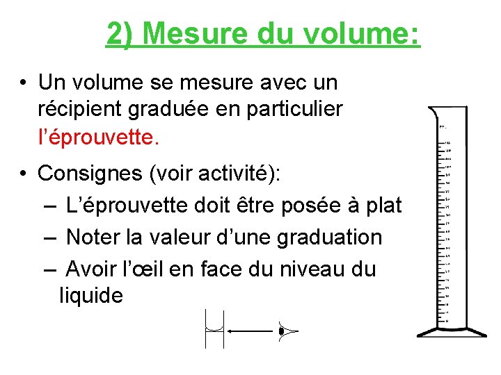 2) Mesure du volume: • Un volume se mesure avec un récipient graduée en