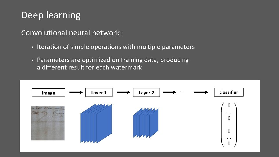 Deep learning Convolutional neural network: • Iteration of simple operations with multiple parameters •