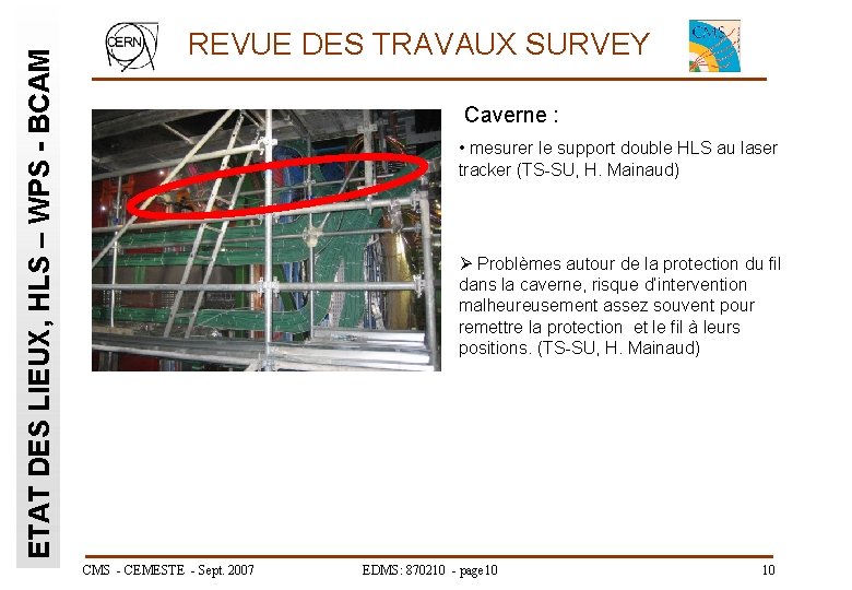 ETAT DES LIEUX, HLS – WPS - BCAM REVUE DES TRAVAUX SURVEY Caverne :