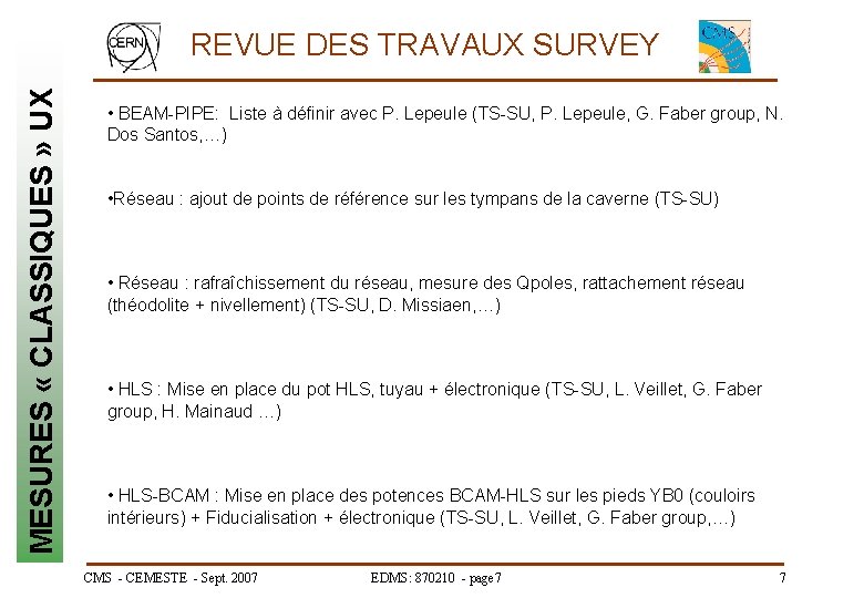 MESURES « CLASSIQUES » UX REVUE DES TRAVAUX SURVEY • BEAM-PIPE: Liste à définir