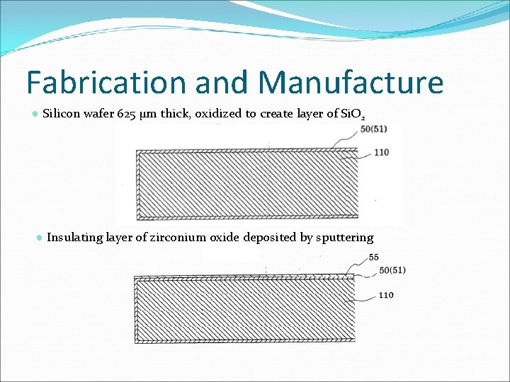 Fabrication and Manufacture ● Silicon wafer 625 µm thick, oxidized to create layer of Fabrication and Manufacture ● Silicon wafer 625 µm thick, oxidized to create layer of
