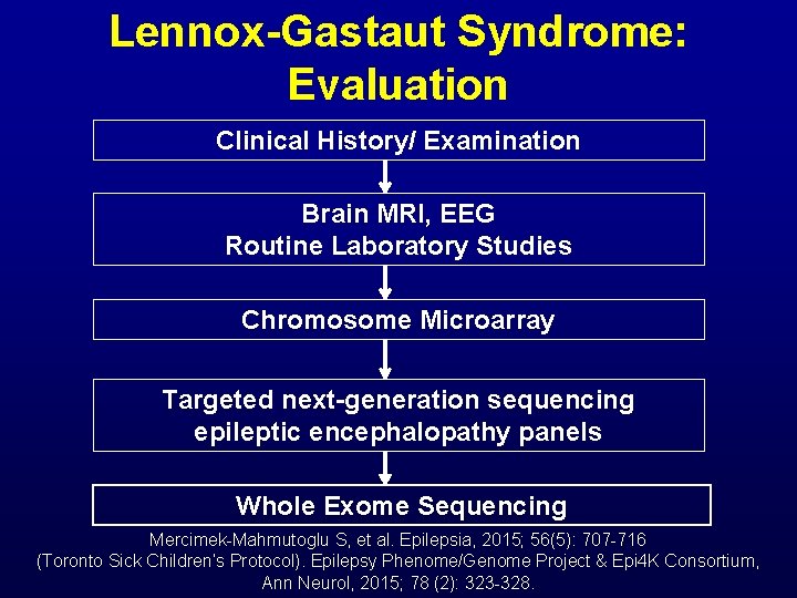 Lennox-Gastaut Syndrome: Evaluation Clinical History/ Examination Brain MRI, EEG Routine Laboratory Studies Chromosome Microarray