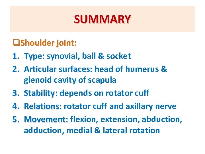 SUMMARY q. Shoulder joint: 1. Type: synovial, ball & socket 2. Articular surfaces: head