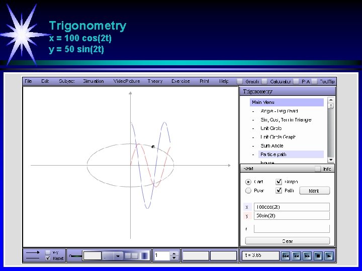 Trigonometry x = 100 cos(2 t) y = 50 sin(2 t) 