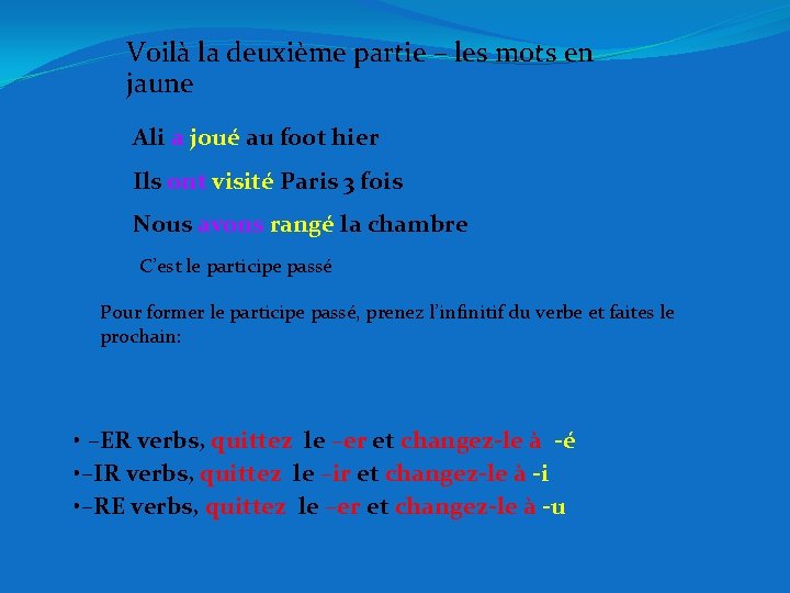 Voilà la deuxième partie – les mots en jaune Ali a joué au foot