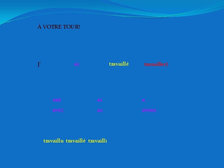 À VOTRE TOUR! ai J’ travaillé (ttravailler) ont ai a avez as avons travaillu